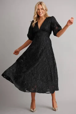 Online Opulence Midi Dress In Black Floral Organza Jacquard Dresses|Formal