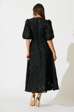 Online Opulence Midi Dress In Black Floral Organza Jacquard Dresses|Formal