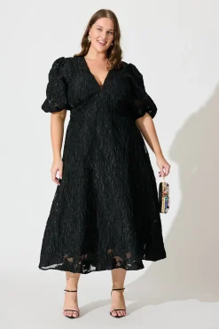 Online Opulence Midi Dress In Black Floral Organza Jacquard Dresses|Formal