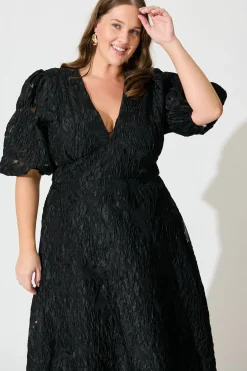 Online Opulence Midi Dress In Black Floral Organza Jacquard Dresses|Formal