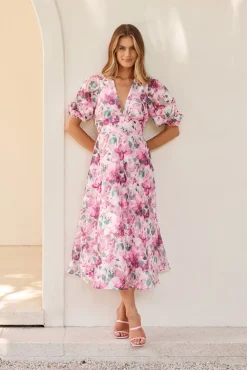 Best Opulence Midi Dress in Multi Pink Floral Organza Dresses|Formal