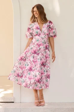 Best Opulence Midi Dress in Multi Pink Floral Organza Dresses|Formal