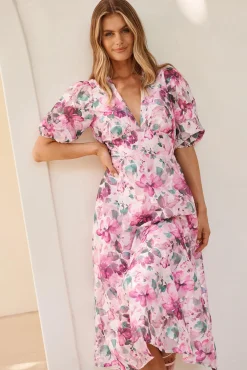 Best Opulence Midi Dress in Multi Pink Floral Organza Dresses|Formal