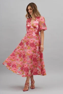 Hot Opulence Midi Dress In Pink Floral Organza Burnout Dresses|Formal