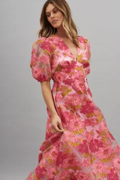 Hot Opulence Midi Dress In Pink Floral Organza Burnout Dresses|Formal