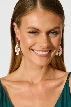 New Orchid Drop Earrings in Pink Enamel with Stone Jewellery