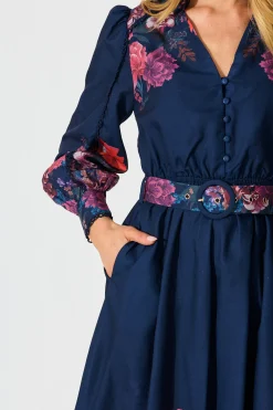 Outlet Orchid Trace Midi Dress in Navy Floral Cotton Blend Dresses|Party