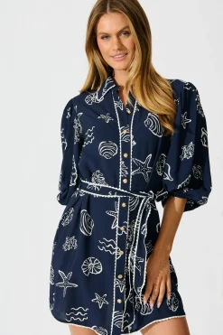 Best Oriella Shirt Dress in Navy with White Shell Print Dresses|Casual