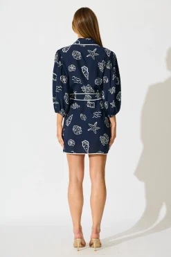 Best Oriella Shirt Dress in Navy with White Shell Print Dresses|Casual