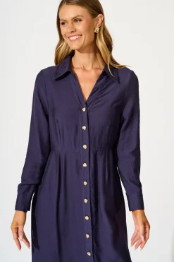 Online Painted Sky Midi Shirt Dress in Navy Dresses|Party