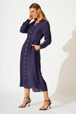 Online Painted Sky Midi Shirt Dress in Navy Dresses|Party