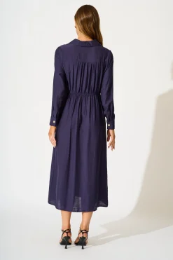 Online Painted Sky Midi Shirt Dress in Navy Dresses|Party