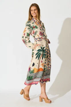 Outlet Palm Parade Midi Shirt Dress in Cream Multi Print Dresses|Casual