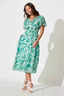 Fashion Palm Springs Midi Dress in Green and White Print Dresses|Casual