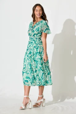 Fashion Palm Springs Midi Dress in Green and White Print Dresses|Casual