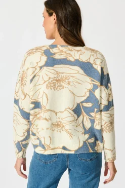 Fashion Pandora Knit Cardigan in Steel Blue Floral Knitwear|Knitwear