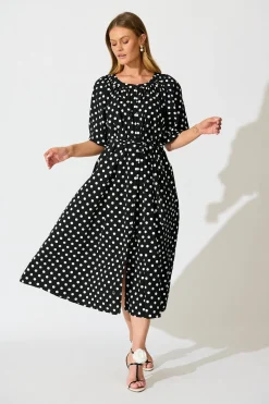 Fashion Parisian Dot Midi Dress in Black with White Polka Dot Dresses|Casual