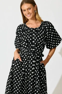 Fashion Parisian Dot Midi Dress in Black with White Polka Dot Dresses|Casual