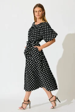 Fashion Parisian Dot Midi Dress in Black with White Polka Dot Dresses|Casual