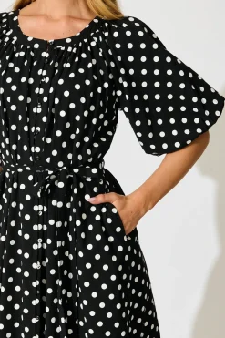 Fashion Parisian Dot Midi Dress in Black with White Polka Dot Dresses|Casual