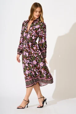 Outlet Payton Midi Shirt Dress in Black Multi Floral Dresses|Casual