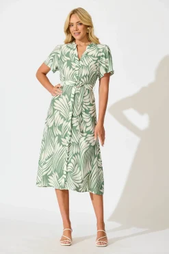 Fashion Penelope Midi Shirt Dress in Green with Cream Leaf Dresses|Casual