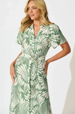 Fashion Penelope Midi Shirt Dress in Green with Cream Leaf Dresses|Casual