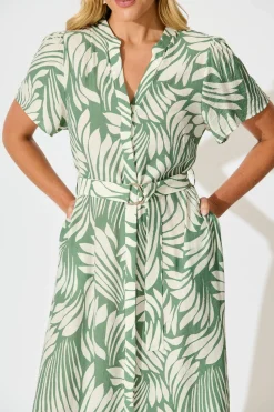 Fashion Penelope Midi Shirt Dress in Green with Cream Leaf Dresses|Casual