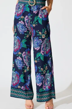 Online Petal Drift Pant in Navy with Multi Floral Bottoms|Pants