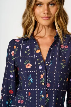 Clearance Petal Outline Shirt in Navy with Multi Floral Tops|Casual