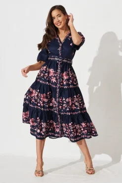 Fashion Piper Midi Dress In Navy With Blush Floral Dresses|Casual