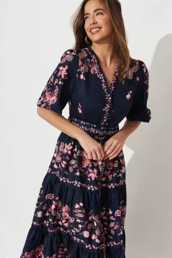 Fashion Piper Midi Dress In Navy With Blush Floral Dresses|Casual