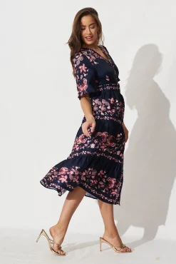 Fashion Piper Midi Dress In Navy With Blush Floral Dresses|Casual