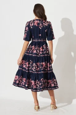Fashion Piper Midi Dress In Navy With Blush Floral Dresses|Casual