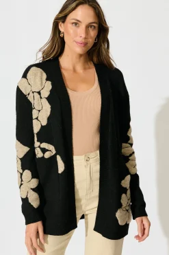 Sale Pixie Knit Cardigan in Black Floral Wool Blend Knitwear|Knitwear