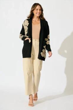 Sale Pixie Knit Cardigan in Black Floral Wool Blend Knitwear|Knitwear