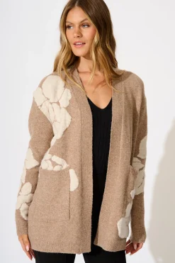 Online Pixie Knit Cardigan in Brown Floral Wool Blend Knitwear|Knitwear