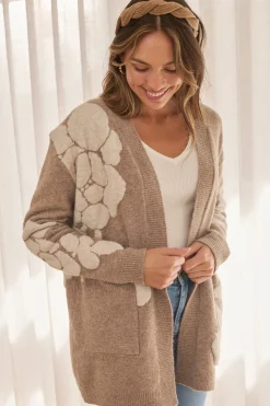 Online Pixie Knit Cardigan in Brown Floral Wool Blend Knitwear|Knitwear