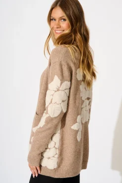 Online Pixie Knit Cardigan in Brown Floral Wool Blend Knitwear|Knitwear