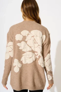 Online Pixie Knit Cardigan in Brown Floral Wool Blend Knitwear|Knitwear