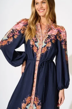 Sale Poppy Midi Dress in Navy with Rust Print Linen Blend Dresses|Casual