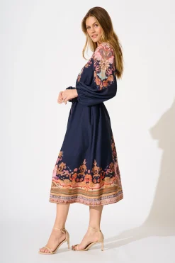 Sale Poppy Midi Dress in Navy with Rust Print Linen Blend Dresses|Casual