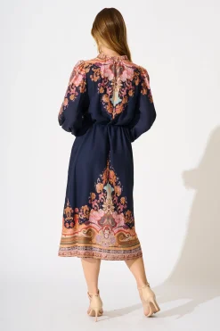 Sale Poppy Midi Dress in Navy with Rust Print Linen Blend Dresses|Casual