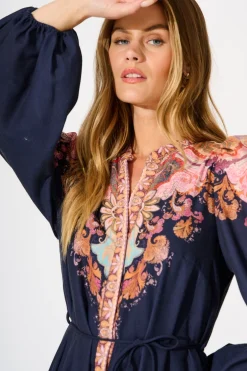 Sale Poppy Midi Dress in Navy with Rust Print Linen Blend Dresses|Casual