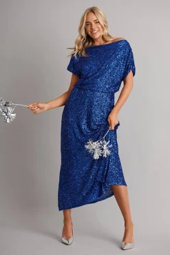 Fashion PRE ORDER Amiri Off Shoulder Maxi Dress in Cobalt Blue Sequin Dresses|Party