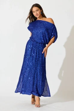Fashion PRE ORDER Amiri Off Shoulder Maxi Dress in Cobalt Blue Sequin Dresses|Party