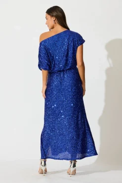 Fashion PRE ORDER Amiri Off Shoulder Maxi Dress in Cobalt Blue Sequin Dresses|Party