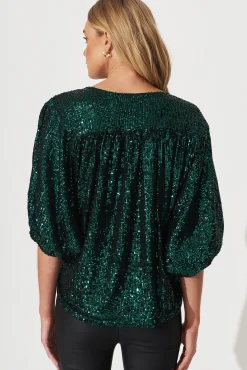 Best PRE ORDER Celebration Sequin Mock Wrap Top In Green Tops|Party & Occasion
