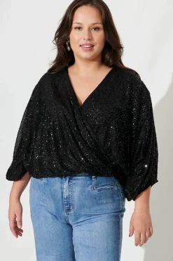 New PRE ORDER Celebration Sequin Mock Wrap Top In Black Tops|Party & Occasion