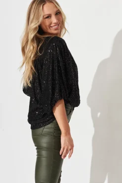 New PRE ORDER Celebration Sequin Mock Wrap Top In Black Tops|Party & Occasion